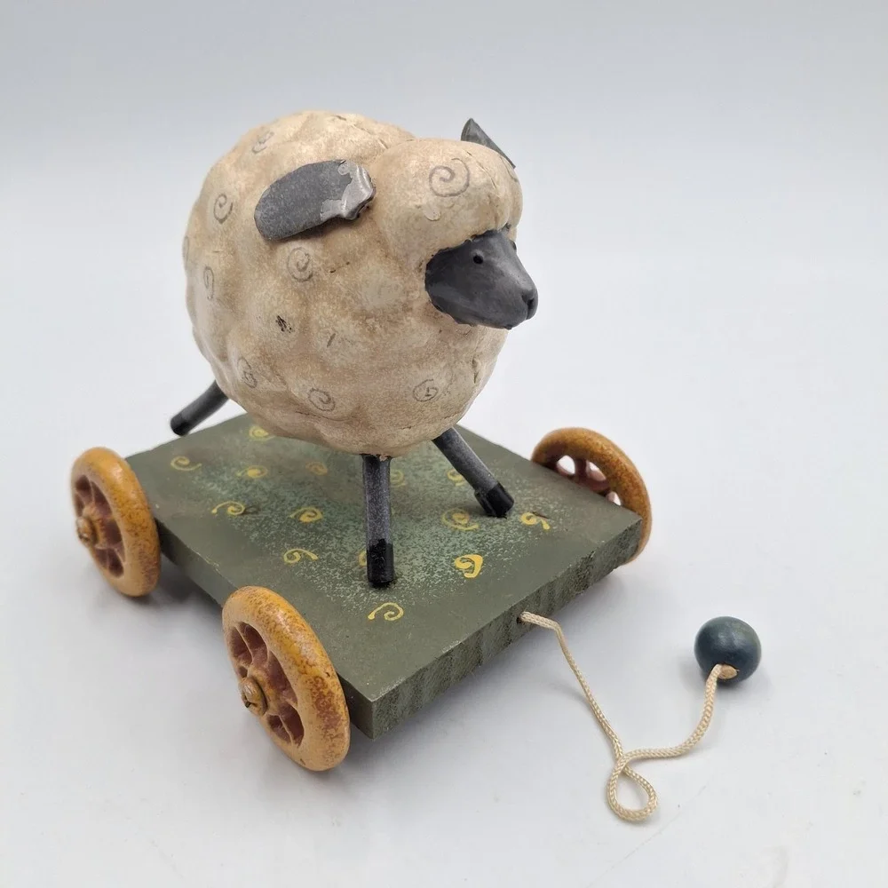 Primitive Folk Art Sheep Pull Toy Figurine Vintage Style Lamb on Wheels Decor